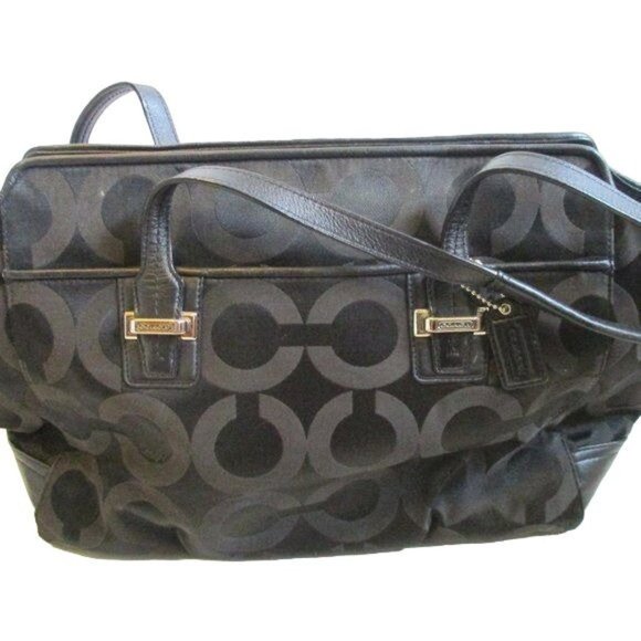 COACH Black Canvas Satchel Tote Signature Logo - Picture 1 of 6